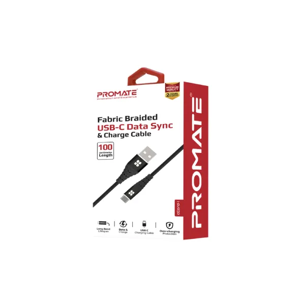 Promate – CCORD-1 USB-A to C, 1mt Fabric Braided — photo 2