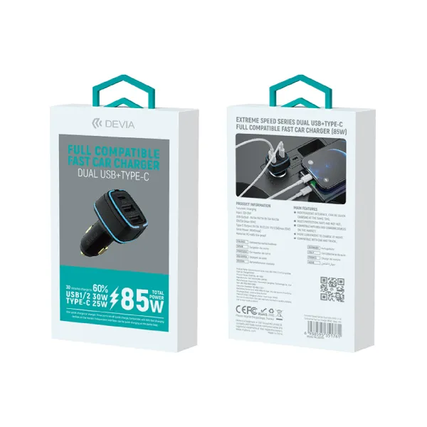 Devia Extreme Speed Dual USB + Type-C Full Compatible Fast Car Charger 85W Black EA191 — photo 2