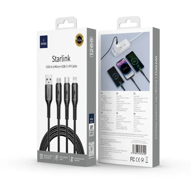 WiWU Starlink Wi-C046E 3in1 USB to USB-C, Micro USB, Lightning 3.1A 1.2m Cable — photo 4