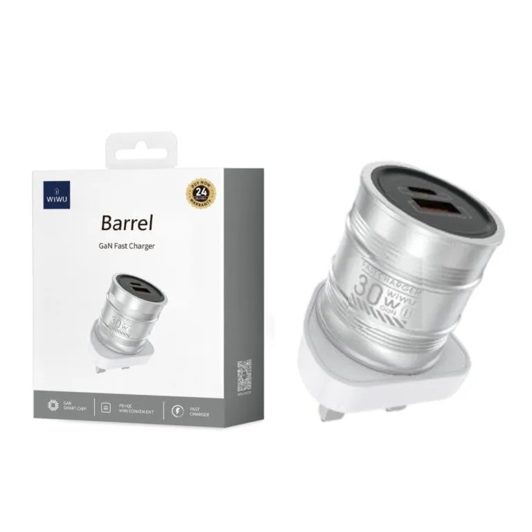 WiWU Wi-U027 Barrel 30w GAN Fast Charger 3pin Silver — photo 2