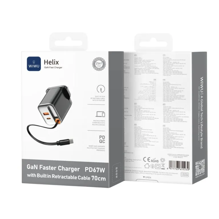 WiWU WI-G020 Helix PD 67w Gan Fast Charger With Built In Retractable Cable 70cm Black UK — photo 5