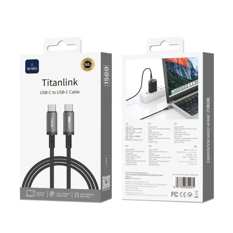 WiWU WI-C058 Titanlink 240w Type-C To Type-C Cable 1m Gray — photo 3