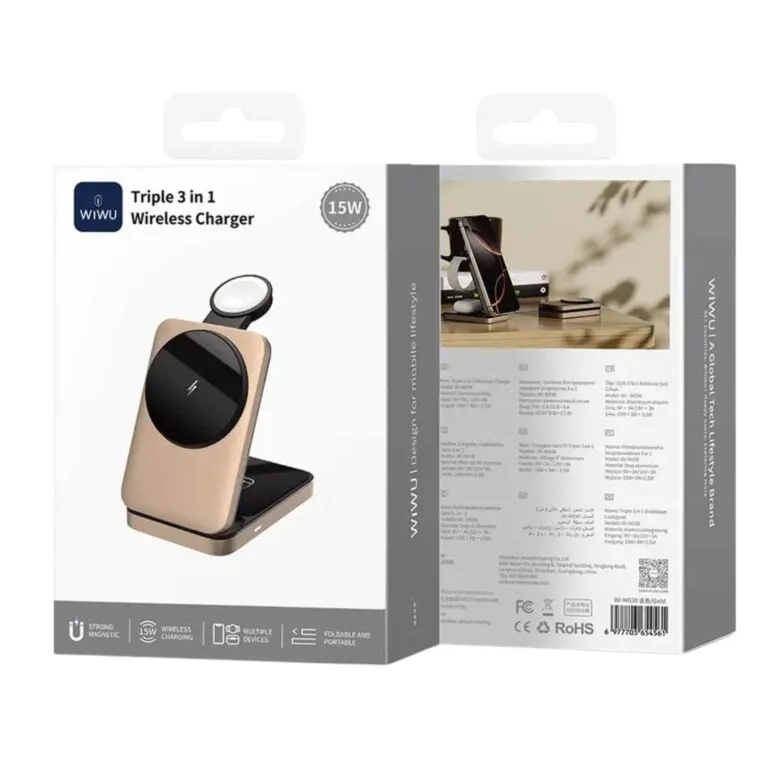 WiWU WI-W038 15w Triple 3 In 1 Wireless Charger Gold — photo 4