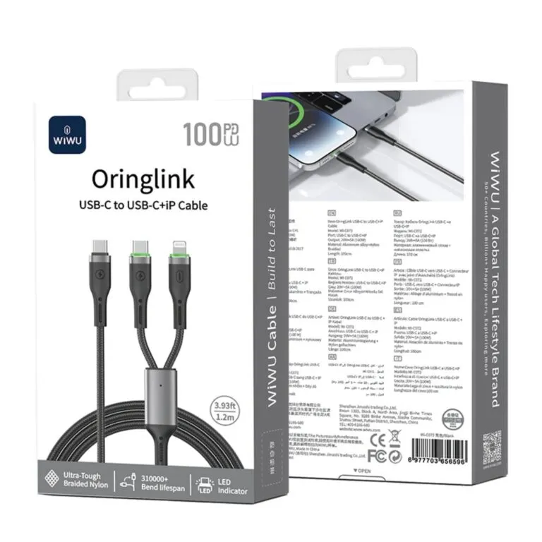 WiWU Wi-C072 Oringling 100w 2-in-1 Data Cable (Type-C to Lightning & Type-C) 1.2m – Black — photo 3