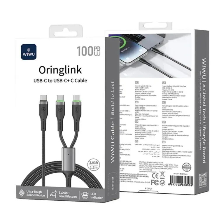 WiWU WI-C071 Oringlink 100W 2-in-1 Data Cable (Type-C To Type-C+C Cable) 1.2m Black — photo 3