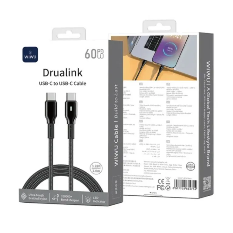 WiWU WI-C075 Duralink Nylon 60w PD Type-C to Type-C Cable 1m – Black — photo 3