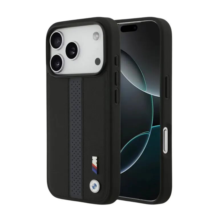 BMW Magsafe PU Perforated Stripes Leather Case for iPhone 17 Pro / 17 Pro Max – Black/Blue