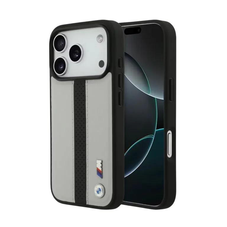 BMW Magsafe PU Perforated Stripes Leather Case for iPhone 17 Pro / 17 Pro Max – Grey/Black