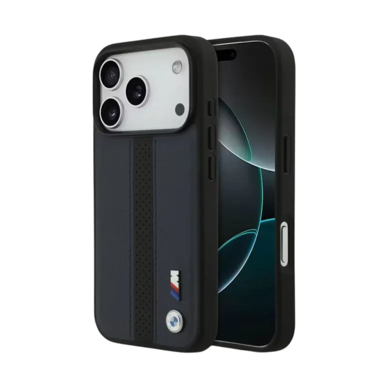 BMW Magsafe PU Perforated Stripes Leather Case for iPhone 17 Pro / 17 Pro Max – Navy/Black