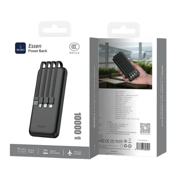 WiWU P-08B Essen 10000mAh Power Bank with 4 Built-in Cables – Black / White — photo 7