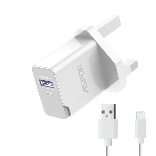 Aspor A827 3-Pin USB Charger with iP (Lightning) Cable